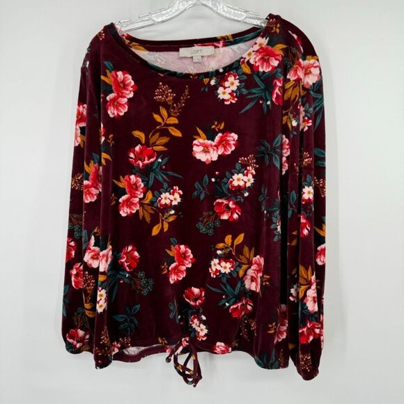 LOFT Floral Burgundy Velvet Long Sleeve Top Tie bottom womens long sleeve sz XL - Picture 2 of 8